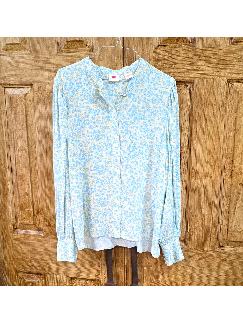 Levi's Womens L Blue White Yellow Floral Collared Button-Up Long Sleeve Blouse